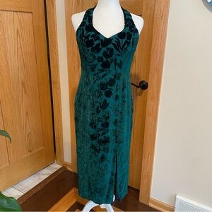 CDC Vintage Velvet Burnout Floral Maxi Dress Green V-Neck 90s 10 Petite Prom